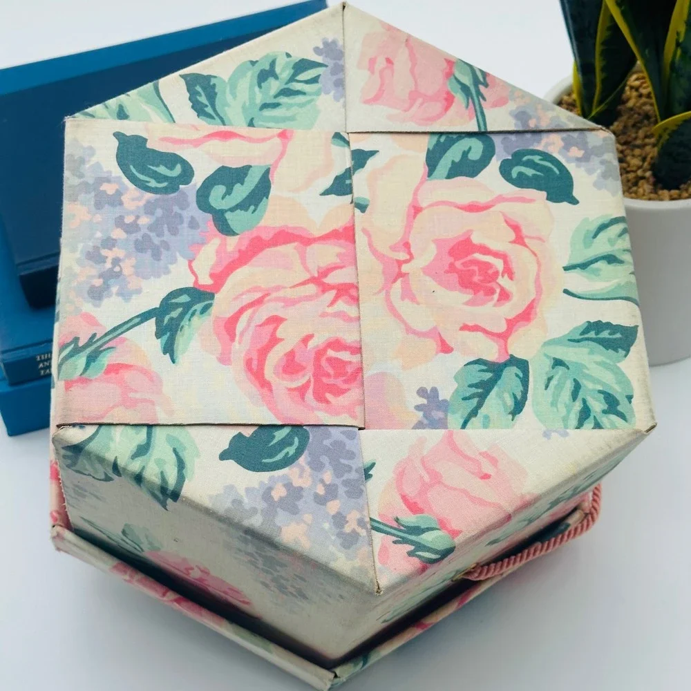 Vintage Style Floral Hexagon Hat Box Pink Rose Fabric Covered Decorative Storage
